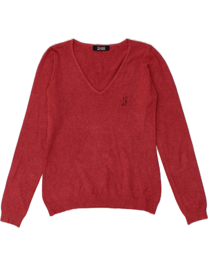 TRUSSARDI Womens V-Neck Jumper Sweater IT 42 Medium Red Vintage Trussardi and Second-Hand Trussardi from Messina Hembry 