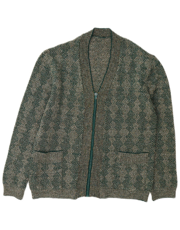 Pulover cardigan vintage pentru femei cu fermoar complet UK 16 mare verde geometric