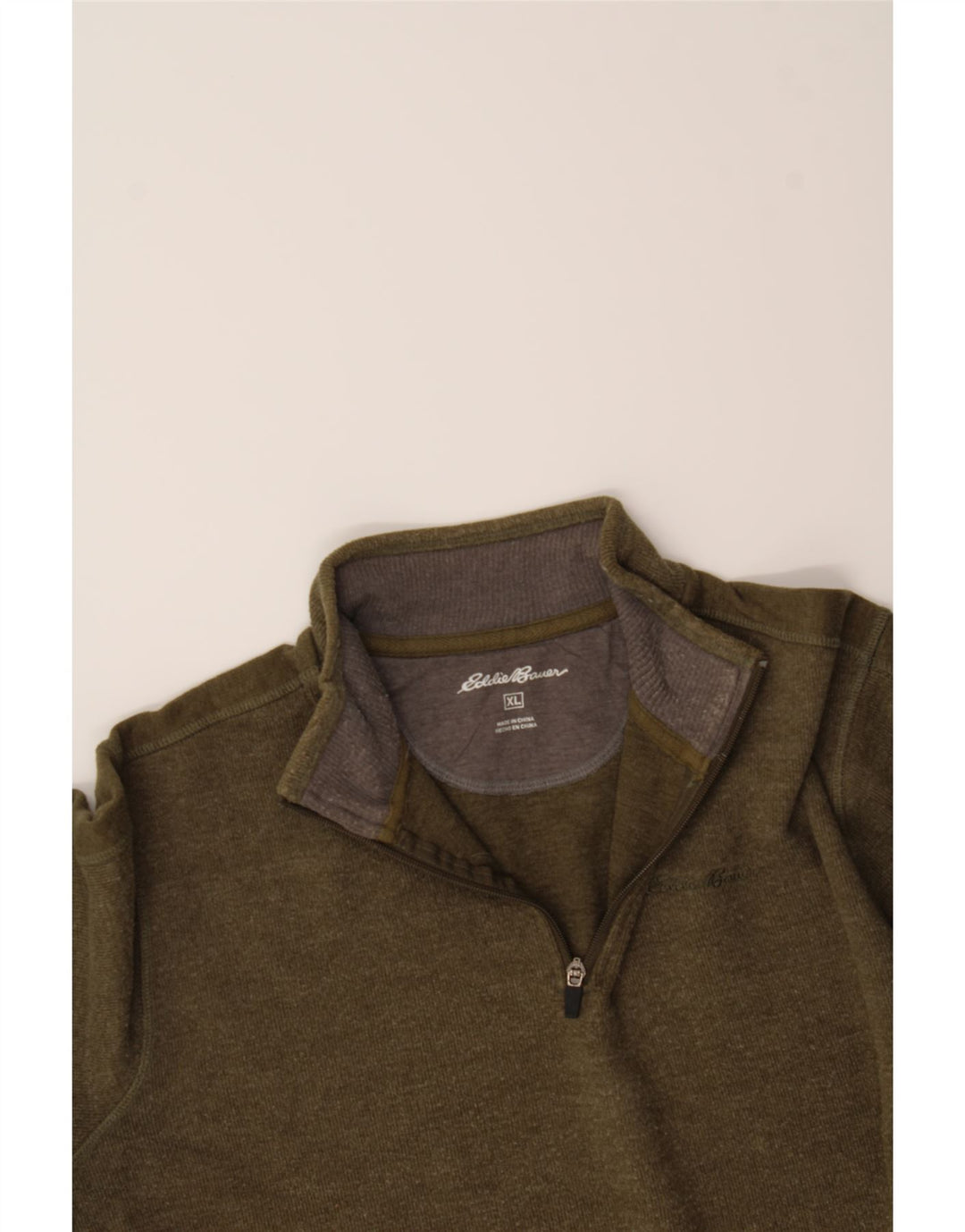 EDDIE BAUER Mens Zip Neck Sweatshirt Jumper XL Khaki Cotton Vintage Eddie Bauer and Second-Hand Eddie Bauer from Messina Hembry 