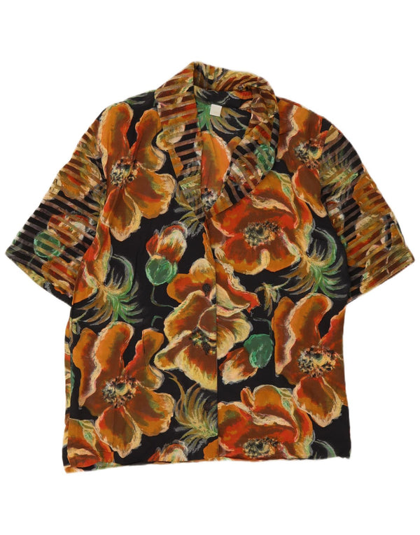 Bluză cămașă cu mânecă scurtă vintage pentru femei UK 14 Medium Black Floral Viscose