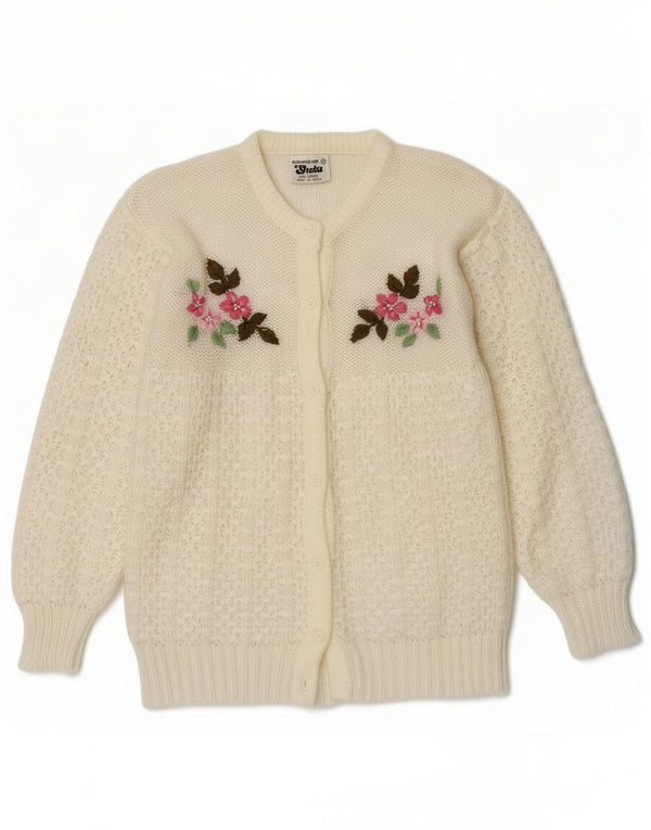 Vintage Womens Oversized Cardigan Pulover UK 2 2XS White Floral Acrylic