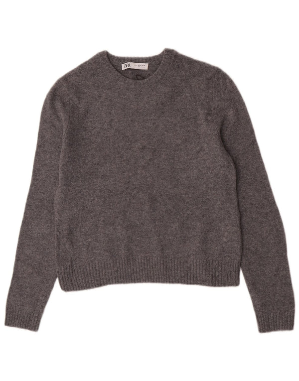 Zara Womens Crop Crew Neck Jumper Sweater UK 12 Medium Grey Flecked Wool