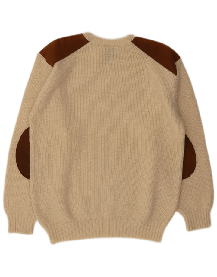 Pulover vintage pentru bărbați cu gâtul turnat, lână color-bloc, bej mediu
