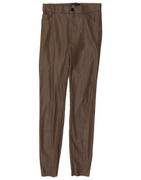 Pantaloni skinny din piele artificială pentru femei Zara Mici L26 L28 Maro
