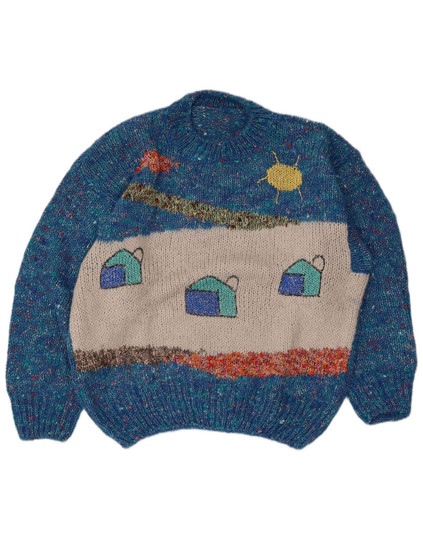 Pulover vintage pentru femei cu decolteu rotund cu grafică UK 16, mare, albastru pete