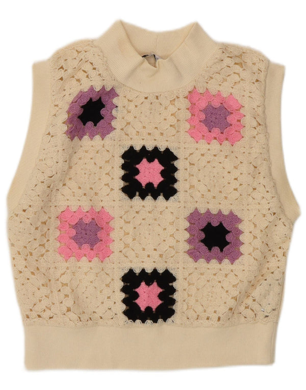 Vesta Zara Femei Tank Top UK 12 Medium Off White Geometric Acrilic