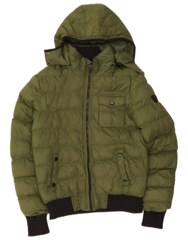 Jachetă căptușită cu glugă vintage pentru femei UK 16 mare, verde, nailon color bloc