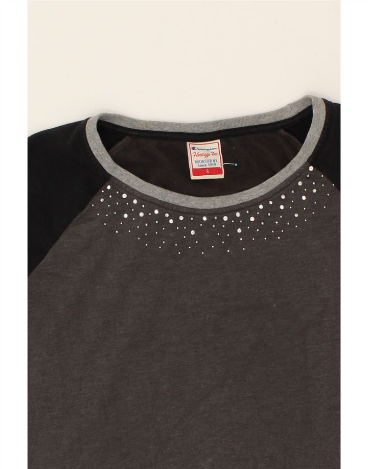 CHAMPION Womens Longline Sweatshirt Jumper UK 10 Small Grey Colourblock Vintage Champion and Second-Hand Champion from Messina Hembry 