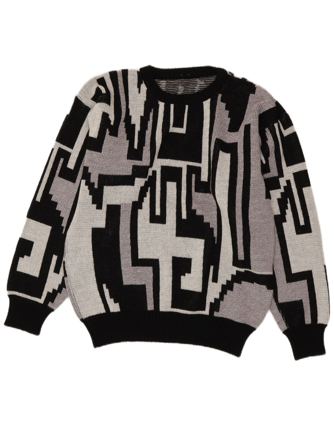 Pulover vintage pentru bărbați cu decolteu rotund, gri mediu geometric