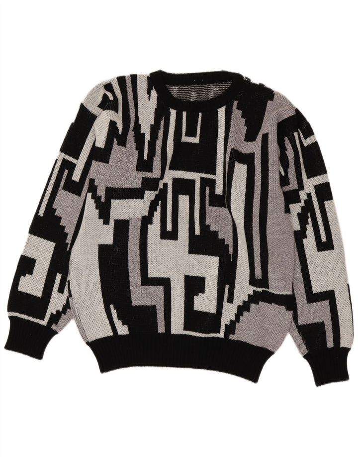 Pulover vintage pentru bărbați cu decolteu rotund, gri mediu geometric