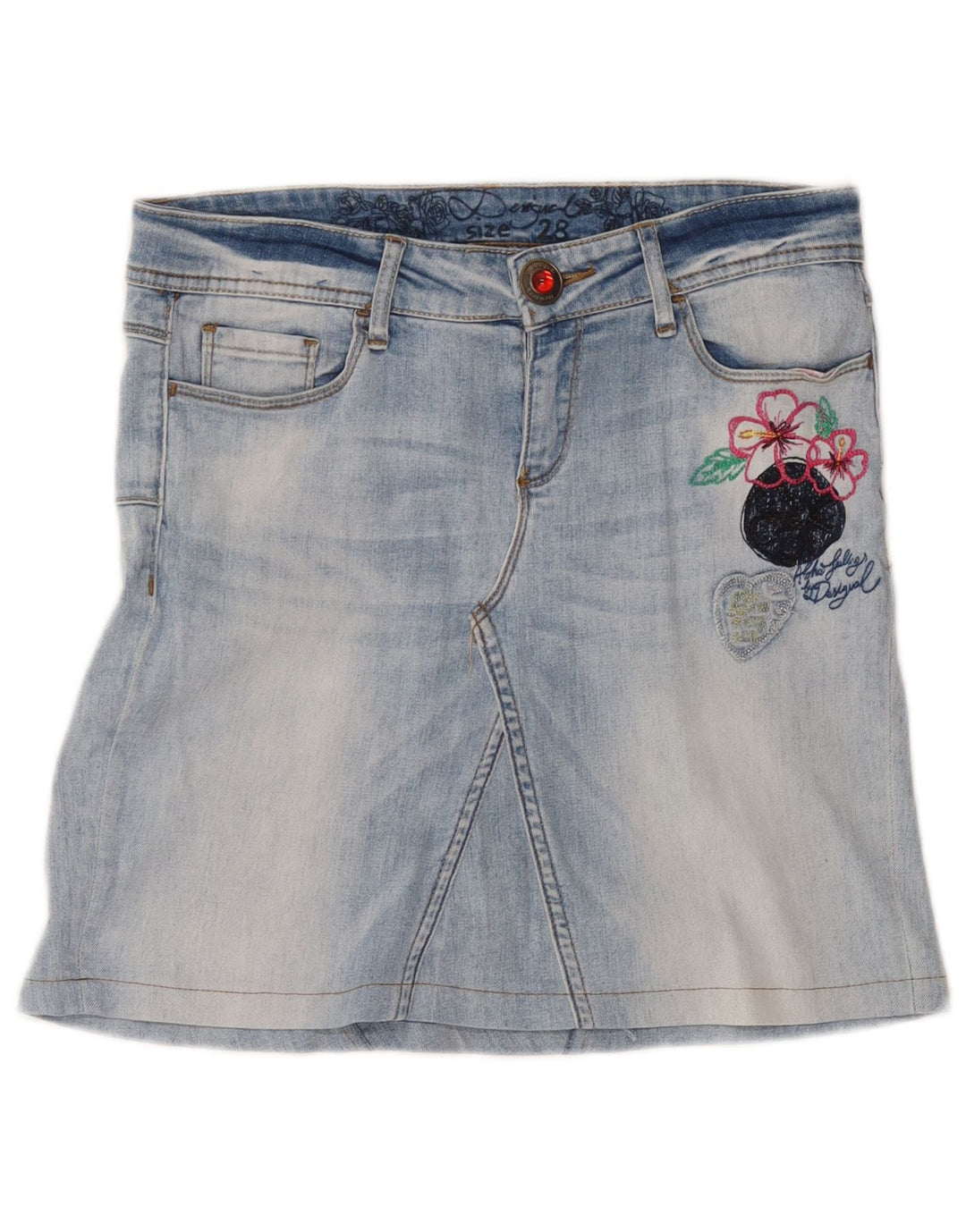 Fusta Desigual Mini Denim Grafică W30 Albastru Mediu Floral
