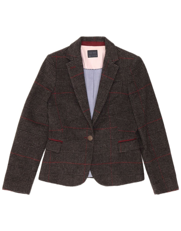 Zara Womens 1 Button Blazer Jacket UK 10 Small Grey Houndstooth Wool