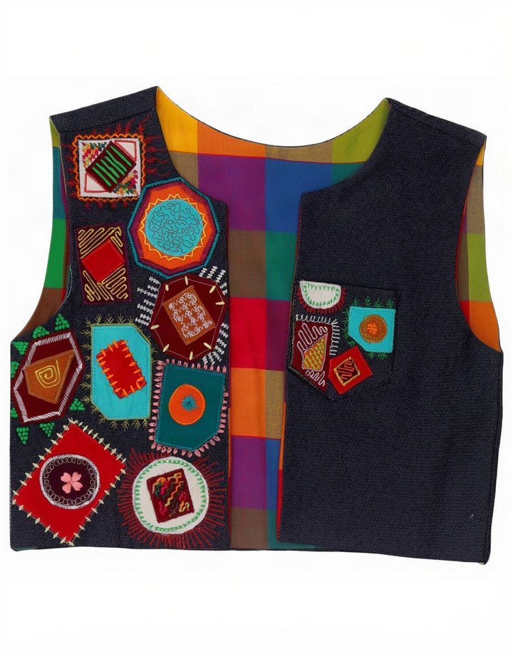 Vestă de blugi OPEN Vintage pentru femei UK 10, patchwork multicolor mic
