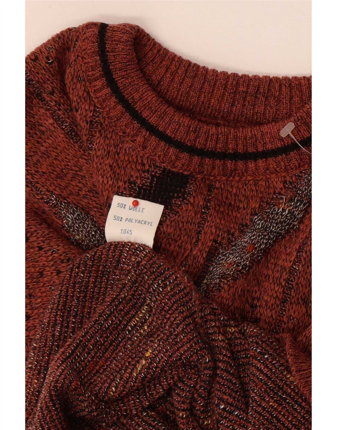 Pulover Vintage pentru bărbați cu gât roșu IT 50 Lână geometrică maro medie