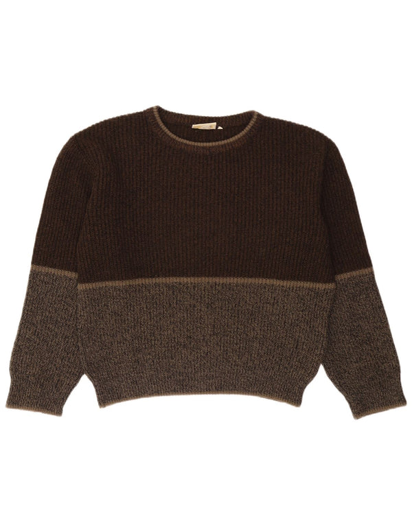 Pulover vintage pentru bărbați cu gât roșu, XL, maro, lână color bloc