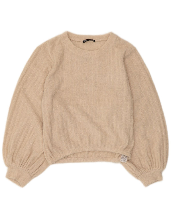 Pulover pentru damă Zara, cu gât turnut, UK 10, poliester cu dungi mici, bej