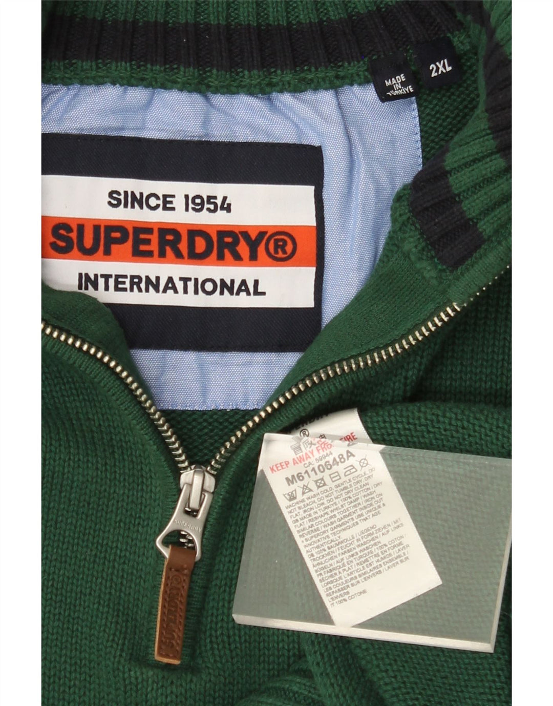 Pulover pentru bărbați SUPERDRY cu fermoar și gât, bumbac verde 2XL