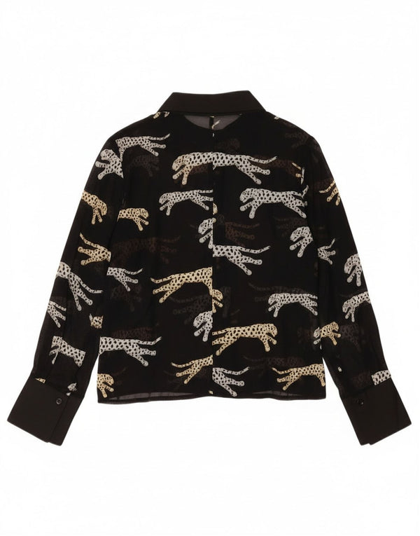 Bluză pentru femei vintage cămașă UK 14 mare, neagră, viscoză cu imprimeu animal