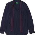 BENETTON Womens Front Tie Shirt UK 10 Small Navy Blue Cotton