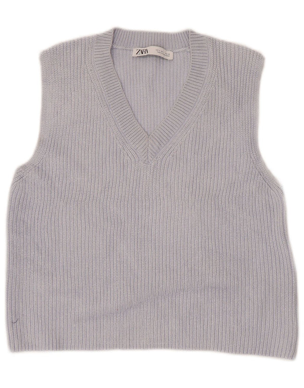 Zara femei Crop Vest Tank Top UK 10 Small Blue Bumbac