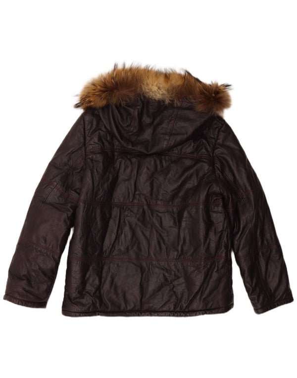 VINTAGE Jachetă de piele cu glugă pentru femei UK 16 Maroon mare