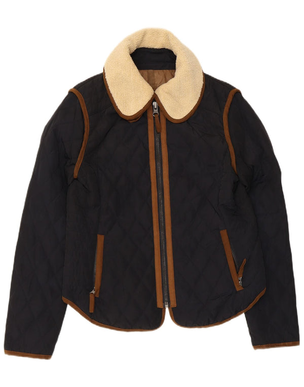 Zara Womens Quilted Jacket UK 14 Large Navy Blue Polyester