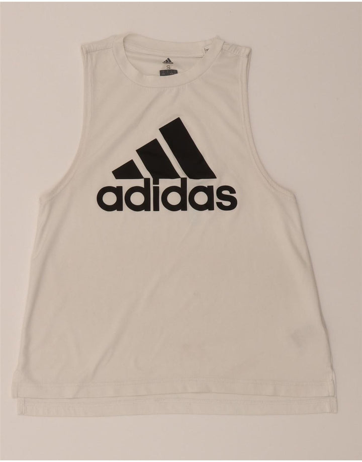ADIDAS Womens Climalite Graphic Vest Top UK 8/10 Small White Polyester Vintage Adidas and Second-Hand Adidas from Messina Hembry 