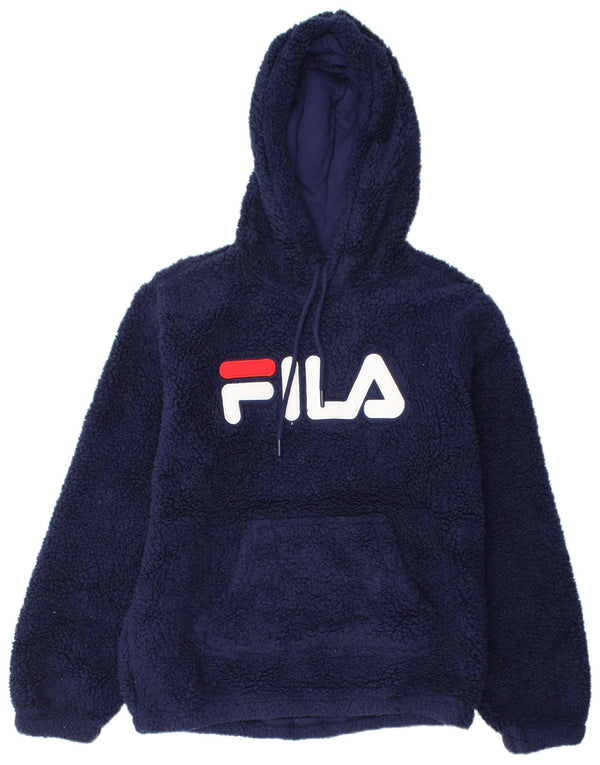 Pulover pentru damă FILA, cu fleece grafic, cu glugă, UK 14, poliester mediu albastru bleumarin