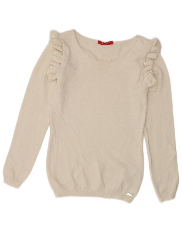 Pulover pentru femei Guess, cu volan, cu gât de barca, UK 8, mic, alb, viscoză