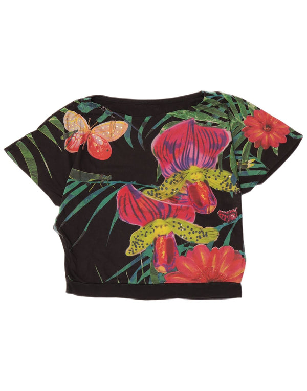 Tricou grafic Desigual pentru femei Top UK 16 mare, negru, bumbac floral