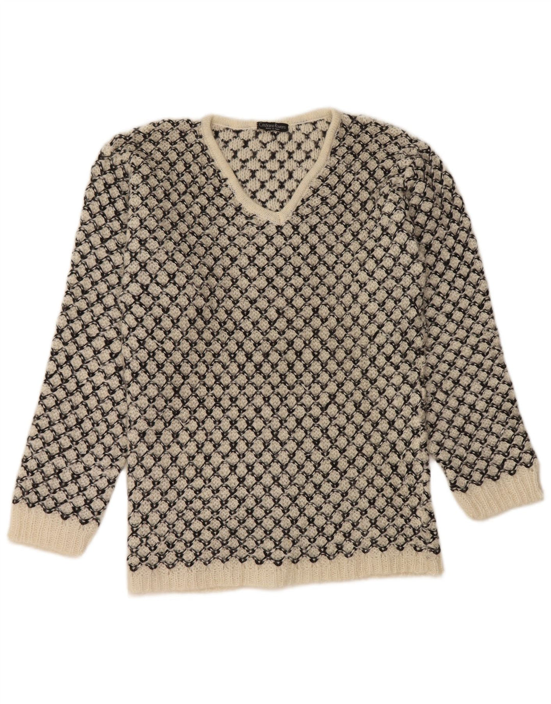 Pulover vintage pentru femei cu decolteu în V UK 14 Mediu alb catifelat geometric