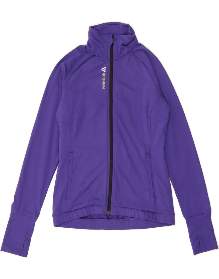 REEBOK Womens Graphic Tracksuit Top Jacket UK 4/6 XS Purple Polyester Vintage Reebok and Second-Hand Reebok from Messina Hembry 