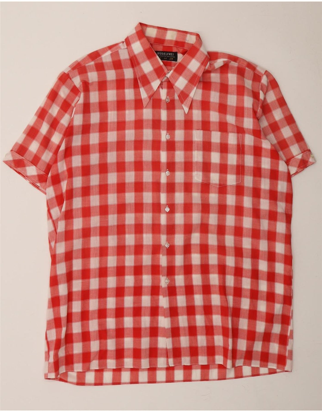 BUGELFREI Mens Short Sleeve Shirt Size 44 XL Red Check Polyester Vintage Bugelfrei and Second-Hand Bugelfrei from Messina Hembry 