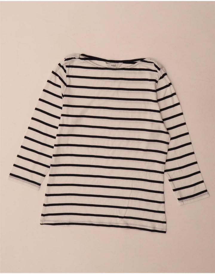 Marks & Spencer Womens Top 3/4 Sleeve UK 12 Medium White Striped Cotton