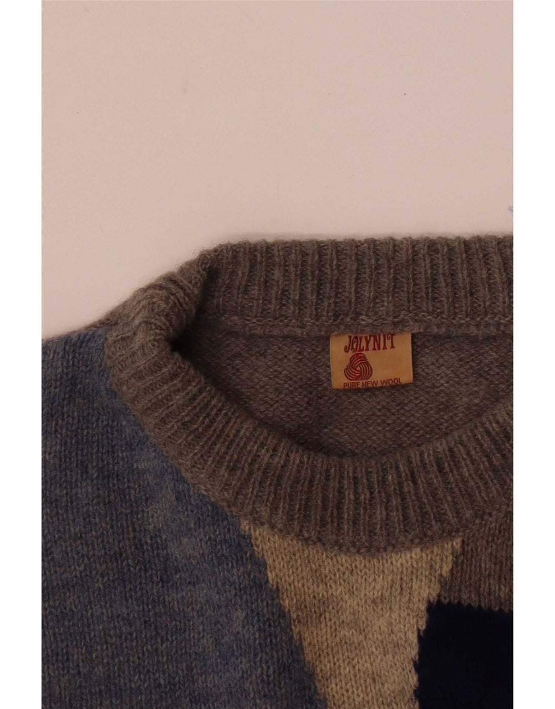 Pulover vintage pentru bărbați cu gât roșu, lână nouă, gri mediu