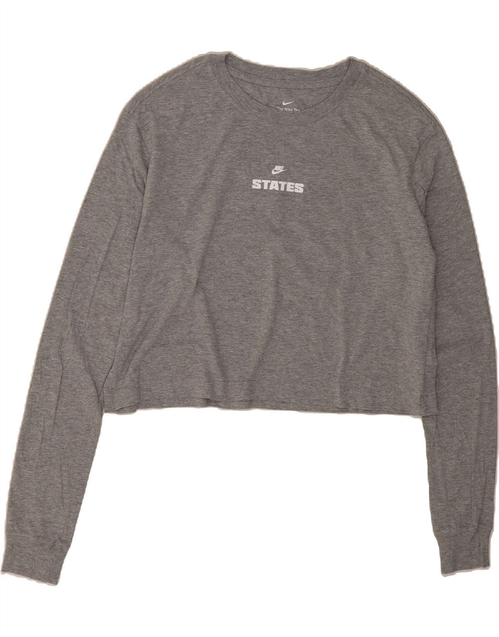 NIKE Womens Oversized Crop Graphic Top Long Sleeve UK 10 Small Grey Cotton Vintage Nike and Second-Hand Nike from Messina Hembry 