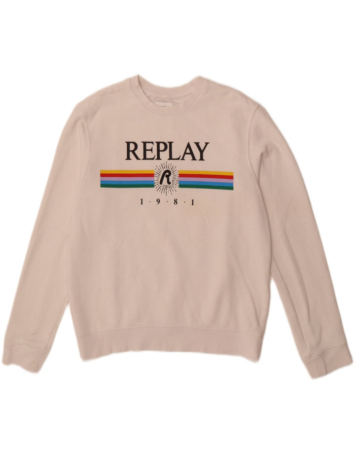 REPLAY Womens Graphic Sweatshirt Jumper UK 14 Medium White Vintage Replay and Second-Hand Replay from Messina Hembry 