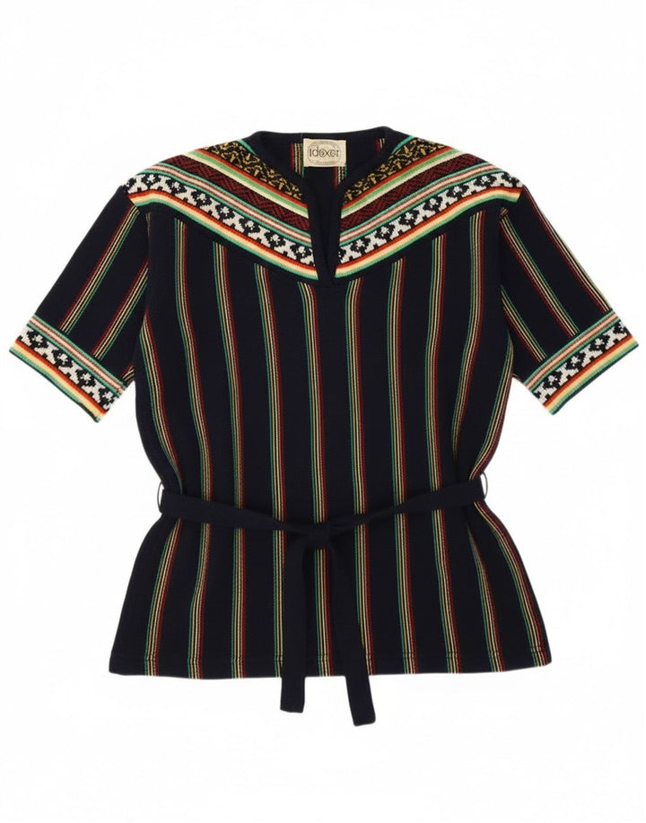 Pulover vintage pentru femei cu decolteu în V UK 12 Medium bleumarin cu dungi Retro