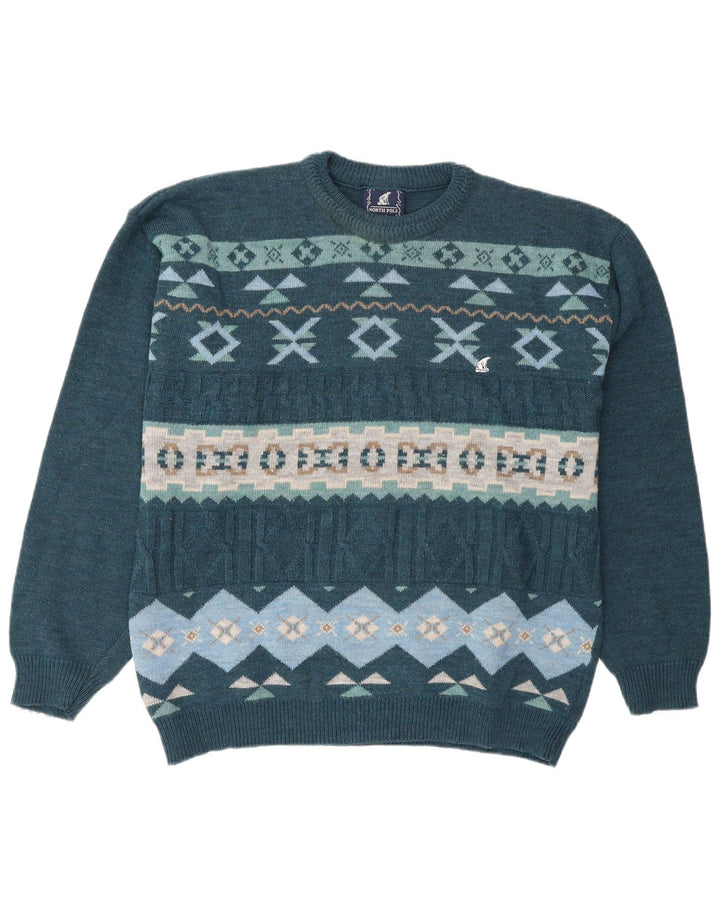 Pulover pentru bărbați North Pole cu gât crew pulover XL Blue Fair Isle Lână