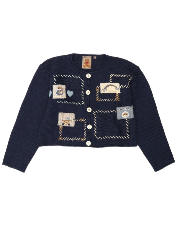 VINTAGE Pulover cardigan cu ursuleț de pluș pentru femei UK 10 mic, albastru marine, mozaic