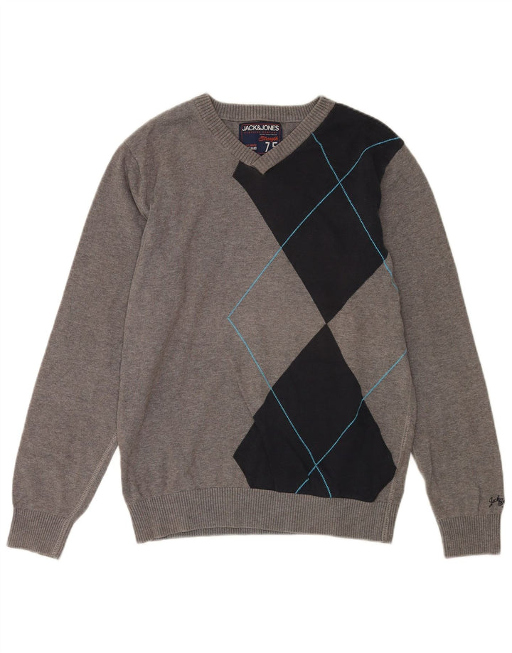 Pulover Jack & Jones pentru bărbați, cu decolteu în V, din bumbac color bloc, gri mediu