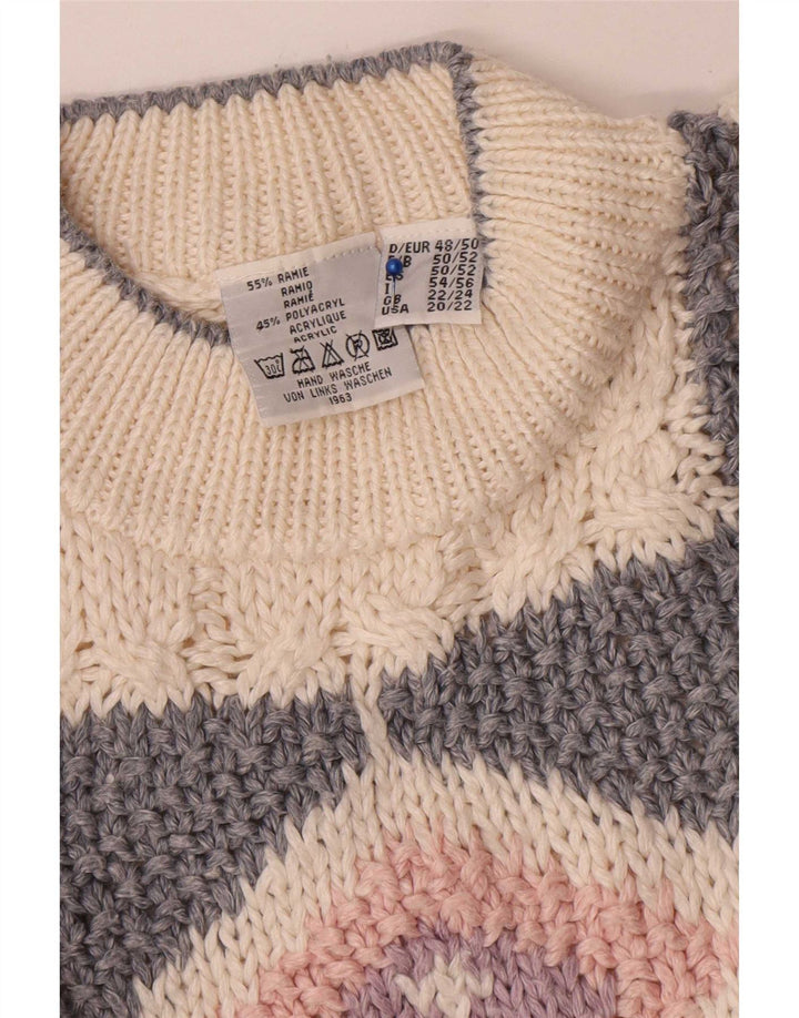 Pulover vintage pentru femei cu gât țestoasă, pulover Marea Britanie 22/24 3XL alb catifelat mozaic