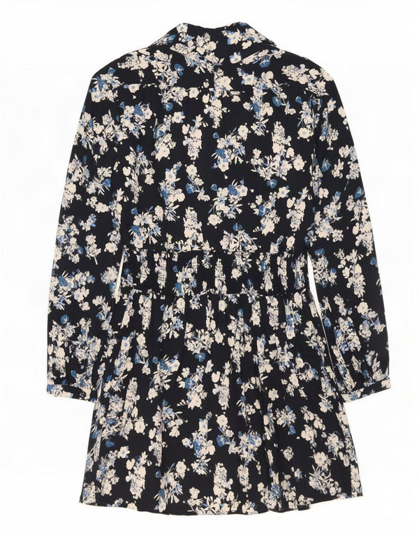Zara Womens Long Sleeve Oversized A-Line Dress UK 10 Small Navy Blue Floral
