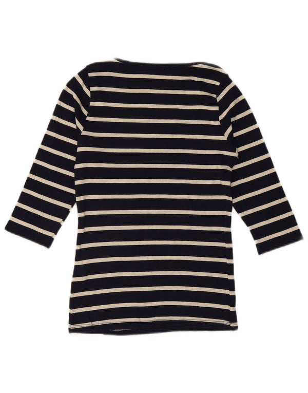 ZARA Womens Top 3/4 Sleeve UK 12 Medium Navy Blue Striped Cotton