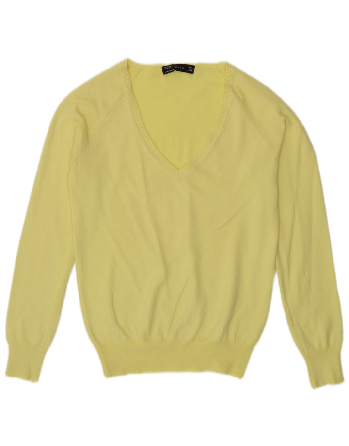 Pulover pentru femei cu decolteu în V Zara UK 14 mare galben