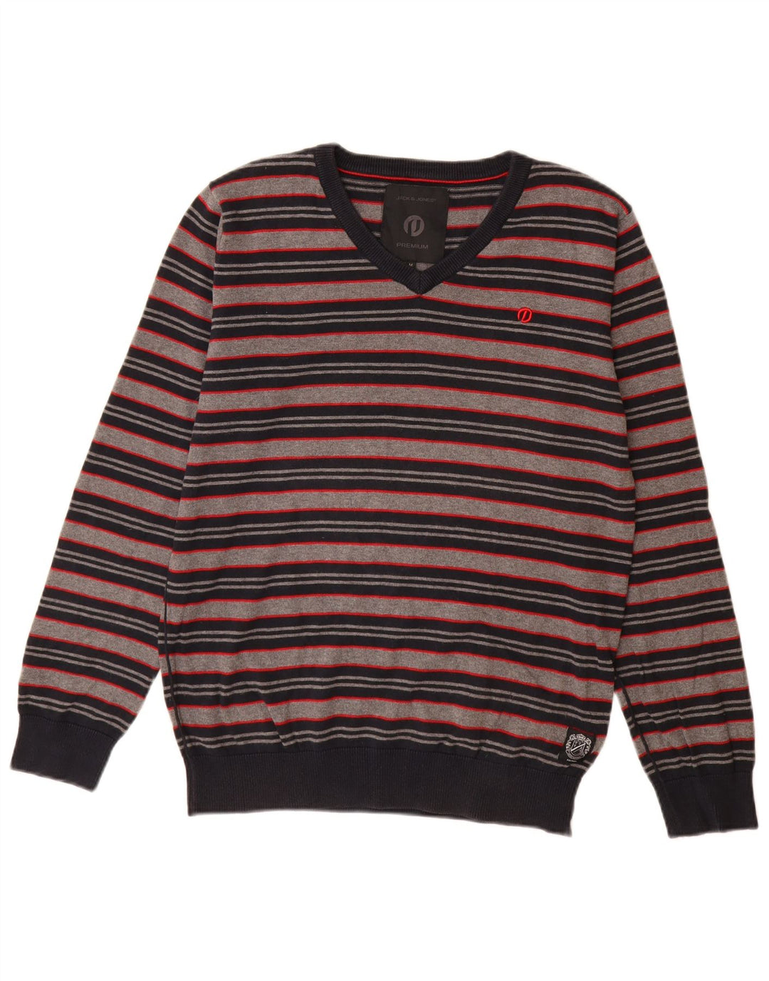 Pulover Jack & Jones pentru bărbați cu decolteu în V, bumbac cu dungi gri mediu