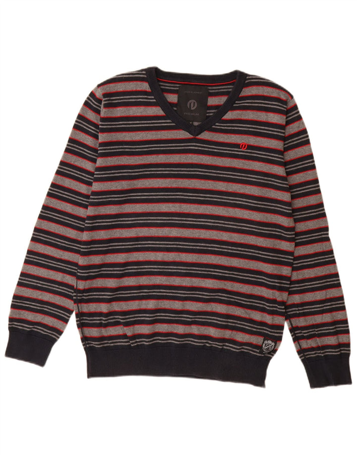Pulover Jack & Jones pentru bărbați cu decolteu în V, bumbac cu dungi gri mediu