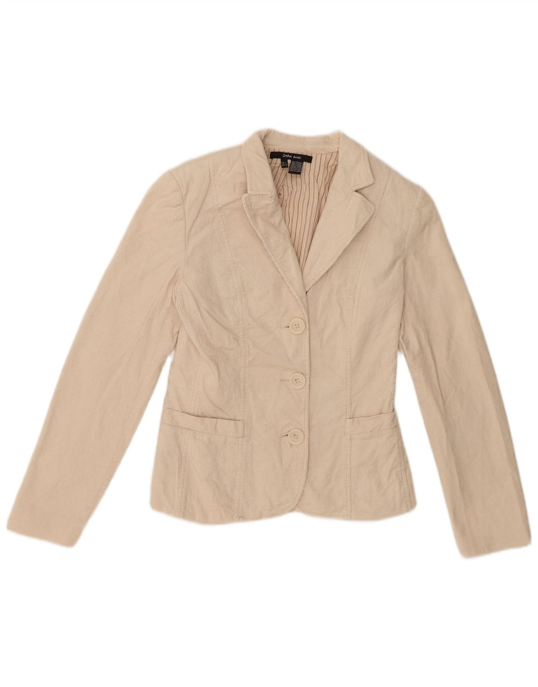 Blazer pentru femei Zara, cu 3 nasturi, din velur, UK 8, bumbac, bej mic