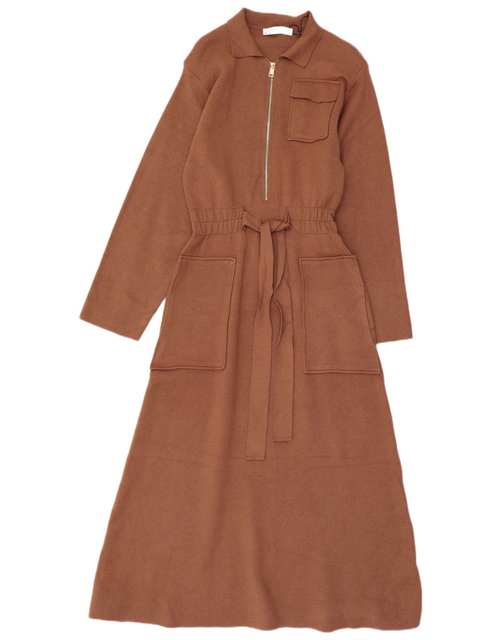 Rochie Maxi cu mânecă lungă pentru femei Zara UK 12 Viscoză maro medie