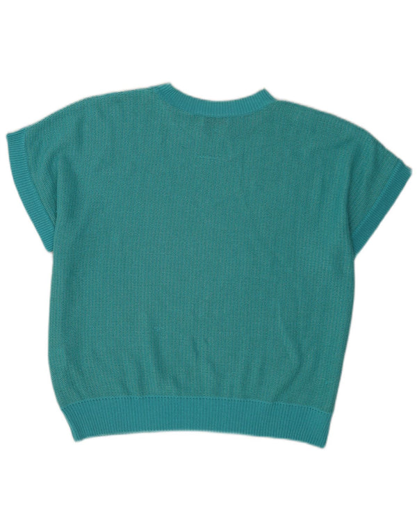 Bluză din tricot cu mânecă scurtă pentru femei Vintage Top IT 46 mare turcoaz geometric